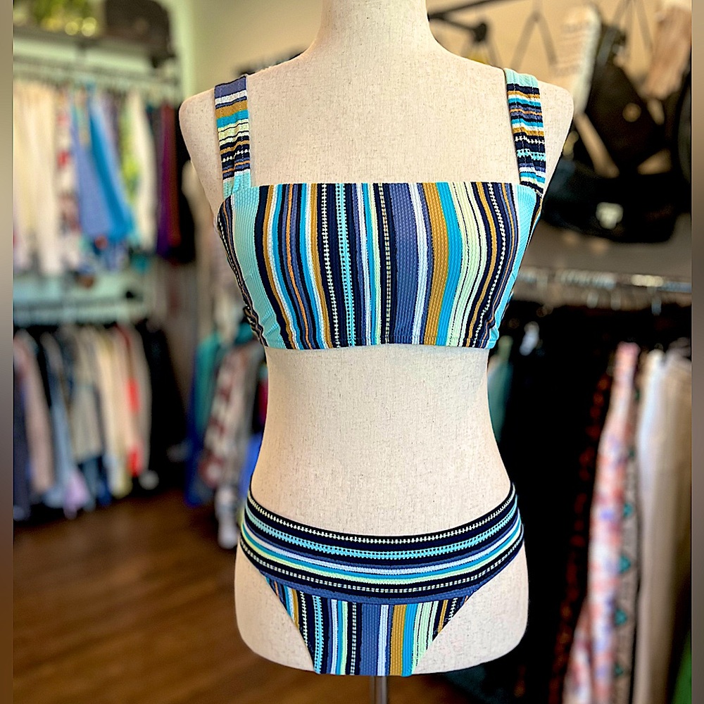 Aerie Swimwear Bikini Set Wide Strap Top & Classic Bottom in Multicolor Stripe
